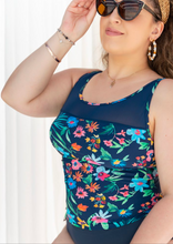 Load image into Gallery viewer, Chlorine Resistant Sheer Neck Side Tie Tankini Top Colourful Painterly
