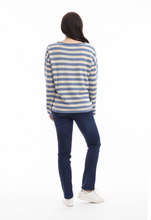 Load image into Gallery viewer, Knit Top R-neck Stripe - Denim, Natural