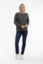 Load image into Gallery viewer, Knit Top R-neck Stripe - Grey, Black
