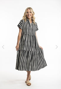 Escape Stripe Print, Linen, Collar Dress - Black