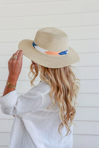 Classic Panama Hat With Herringbone Trim - Apricot/Navy