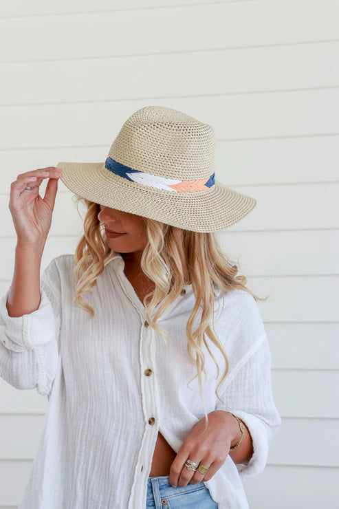 Classic Panama Hat With Herringbone Trim - Apricot/Navy