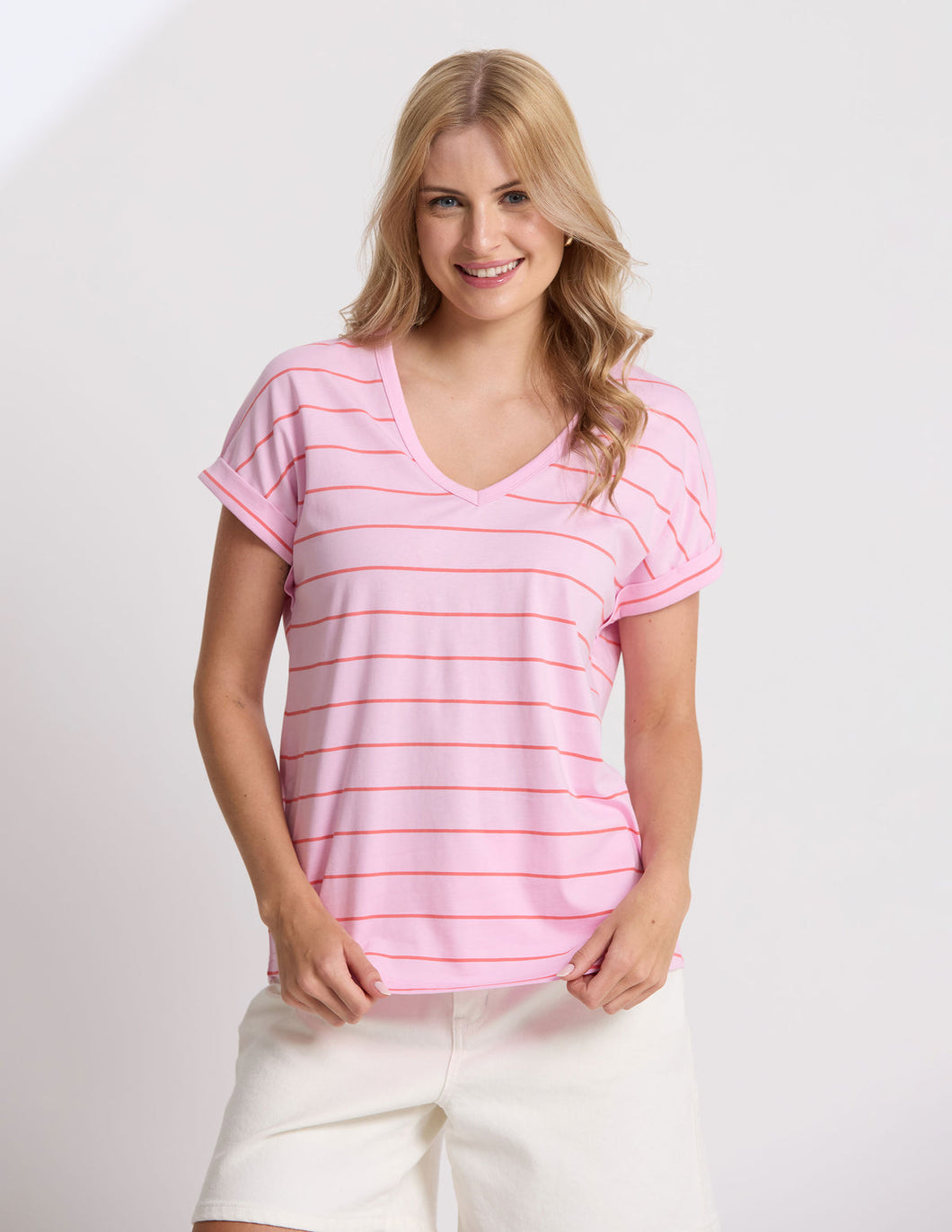 Soho Cuff V Tee - Candy with Red Stripe