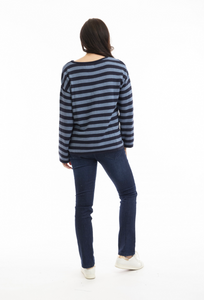 Knit Top R-neck Stripe - Denim Blue