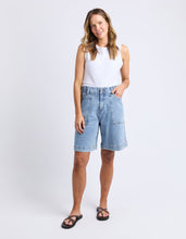 Load image into Gallery viewer, Atlas Long Denim Short Mid Blue Wash
