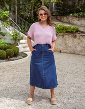 Load image into Gallery viewer, Scallop Edge Denim Skirt Mid Blue Wash
