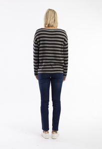 Knit Top R-neck Stripe - Grey, Black
