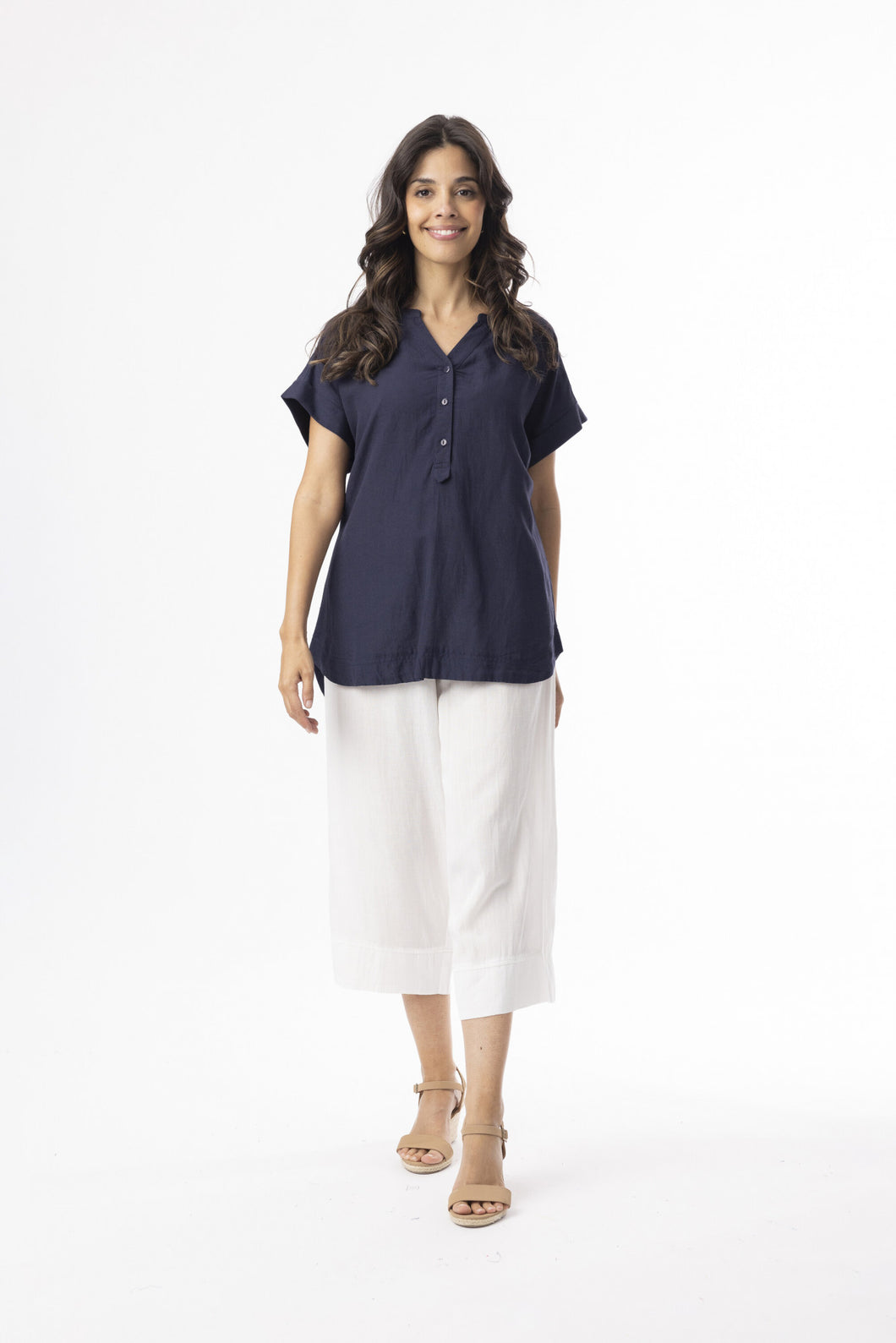 Linen Top Vneck - Navy